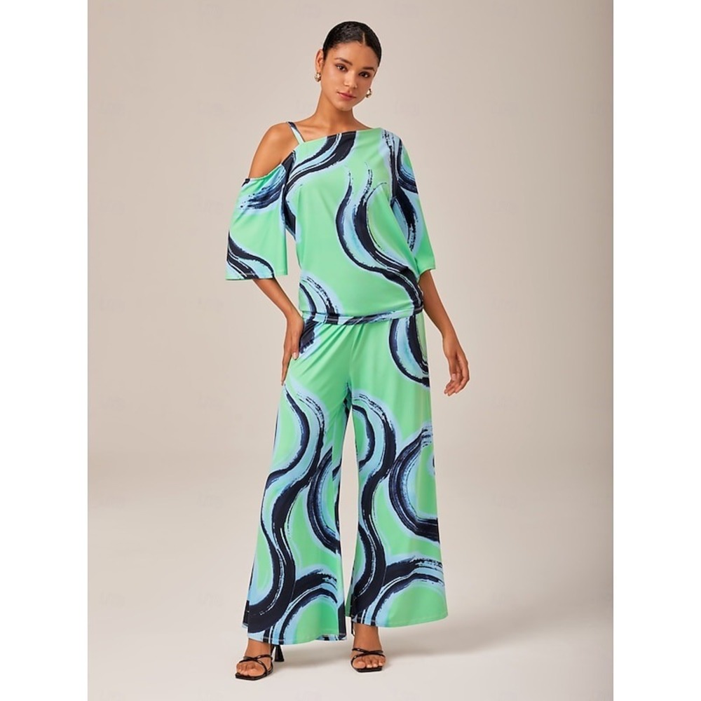 Ador Women Green Abstract Swirl 2 Piece Set Cold Shoulder Wide Leg Pants XL NWT